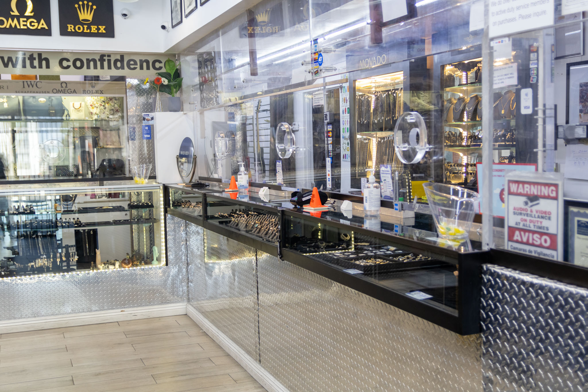 The interior of Fancy Jewelry & Loan. The Image shows the Jewelry Counter and Wall.